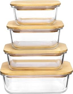 Glass Food Storage Containers with Bamboo Lids, 4 Pack Meal Prep Glass Containers Safe for Microwave, Oven, Freezer and Dishwasher, BPA Free