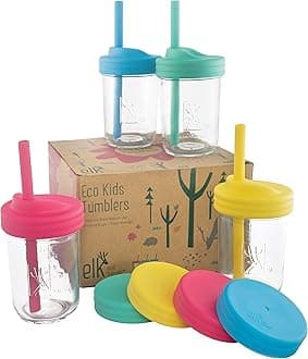 Elk and Friends Kids & Toddler Cups | The Original Glass Mason jars 8 oz with Silicone Straws with Stoppers | Smoothie Cups | Spill Proof Sippy Cups for Toddlers