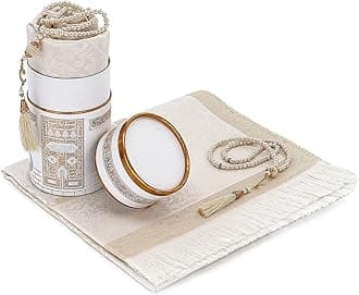 ihvan online Muslim Prayer Rug and Prayer Beads with Elegant Design Cylinder Gift Box, Janamaz, Soft Sajadah, Islamic Gifts Set, Portable Prayers Carpet Mat, Taffeta Fabric, White