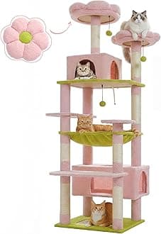PAWZ Road Flower Cat Tree, 72 Inches Large Cat Tower with Steel Frame Hammock and 7 Scratching Posts, Tall Cat Tree with 2 Condos and Perches for Large Indoor Cats - Pink
