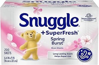 Snuggle SuperFresh Fabric Softener Dryer Sheets, 200 Count, Spring Burst, Long-Lasting Fresh & Clean Scent, Helps Eliminate Odor, Softens Fabric, Reduces Static & Fights Wrinkles, HE Safe