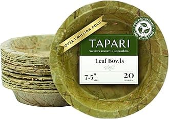TAPARI Large Disposable Bowls - 20 Pack Large Leaf Bowls - 7.5 Inch - Sturdy & Eco-Friendly - Home Compostable & Biodegradable Bowls for Parties - Bowl for Soup, Hot & Cold Food - Sal Leaf - 13 Fl Oz