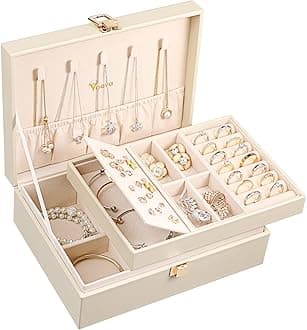 Voova Jewelry Box Organizer for Women Girls, 2 Layer Large Men Jewelry Storage Case, PU Leather Display Jewellery Holder with Removable Tray for Necklace Earrings Rings Bracelets, Vintage Gift,Apricot