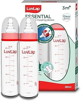 Essential Slim Neck Glass Feeding Bottle, 250ml, 3m+ / Infants/Toddler Upto 3 Years, Madeof Borosilicate Glass, BPA Free, Ergonomic Shape is Easy to Hold, with Anti Colic Nipple, Pack of 2
