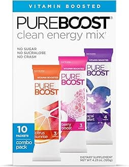 Pureboost Clean Energy Booster, Refreshing Energy Drink Mix with B12 Vitamins, Electrolytes, Antioxidants, Sugar-Free with No Sucralose (Combo Pack, 10 Count)