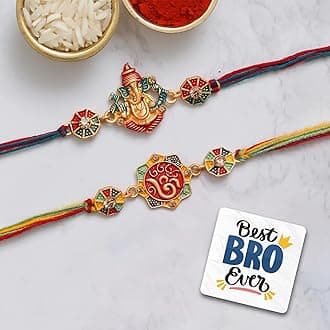 eCraftIndia Set of 2 Multicolor Ganesha and Om Symbol Religious Designer Rakhis, Best Bro Ever Fridge Magnet with Roli Chawal Pack - Rakhis for Brothers