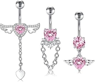 LAURITAMI 14G Dangle Belly Button Rings - Surgical Steel Silver and Rose Gold CZ Piercing Jewelry for Women