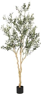 Faux Olive Tree 7ft - Realistic Tall Olive Trees Artificial Indoor - Large Fake Olive Tree with Natural Wood Trunk and Lifelike Leaves - Artificial Olive Tree for Home Office Decor