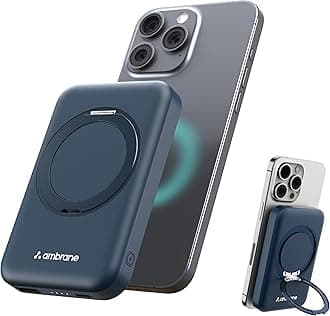 Ambrane MagSafe Wireless 10000mAh Fast Charging Power Bank with Mobile Stand, Strong Magnet, 22.5W Output for iPhone 12 & Above, Android & Other Qi Enabled Device + Magnetic Ring (Mount, Blue)