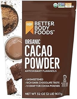 - BetterBody Foods Organic Cacao Powder, Unsweetened, Rich Chocolate Flavor, Non-GMO, Gluten-Free, 32 Ounce, 2 lb bag