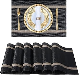 FAVE Placemats Set of 6 Black Placemats Woven with Golden Thread Durable and Wipeable Vinyl Placemat Set of 6 for Wedding, Banquet, Birthday, Party, Restaurant Decorations（Black）