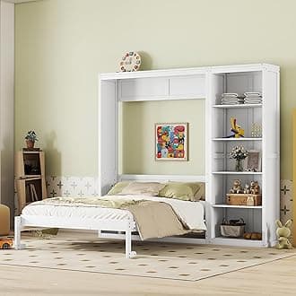 Modern Queen Size Murphy Bed Wall Bed with Bookshelves, Traditional Solid Wood Murphy Bed Cabinet Bed Storage Platform Bed, Space-Saving Design (White-W9, Queen)