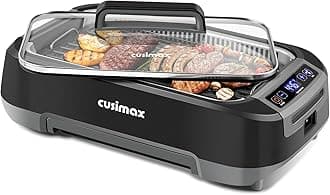 CUSIMAX Smokeless Indoor Grill, 1500W Electric Grill Korean BBQ Grill with LED Smart Display & Tempered Glass Lid, Non-stick Removable Grill Plate, Turbo Smoke Extractor, Black New Model