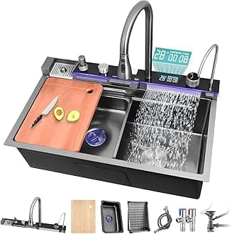 4 Water Outlet Modes Waterfall Kitchen LED Sink with Multifunctional Digital Display Faucet - Durable Stainless Steel Single Bowl Workstation Sink(Size: 80 * 45 * 22cm)