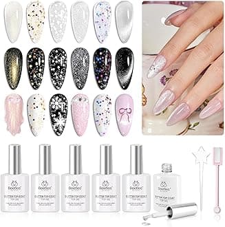 Beetles Glitter Gel Top Coat 8Pcs Holographic Glitter Gel Nail Polish Top Coat Cat Eye No Wipe Glossy Sparkly Finish Long Lasting Soak Off U V LED Salon DIY Gift for Women Girls