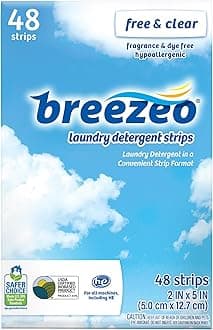Breezeo Laundry Detergent Strips (48 strips) – Free & Clear - More Convenient than Pods, Pacs, Liquids or Powders – Great for Home, Dorm, Travel, Camping & Hand-Washing