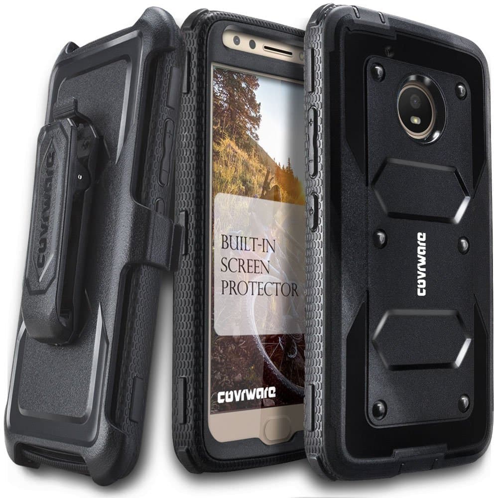 Aegis Series Case Compatible with Moto E4 PLUS with Built-in [Screen Protector] Heavy Duty Full-Body Rugged Holster Armor Case [Belt Swivel Clip][Kickstand], Black