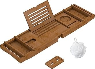 Bamboo Bathtub Tray Bath Tub Caddy with Expandable Handles Wine Glass Phone Holder Book Stand for Bathroom Luxury Spa Wooden Bath Table Board for Reading Laptop Over The Clawfoot tub (Walnut)