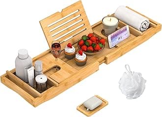 ZHUOYUE Bamboo Bathtub Tray Bath Tub Caddy with Expandable Handles Wine Glass Phone Holder Book Stand for Bathroom Luxury Spa Wooden Bath Table Board for Reading Laptop Over The Clawfoot tub