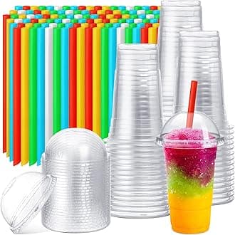 Lallisa 100 Sets Clear Plastic Cups with Dome Lids and Colorful Straws, Disposable Slushie Smoothie Cups PET Beverage for Party Iced Coffee Cold Drinks Juice Milkshake Fruit Tea Dessert(16 oz)