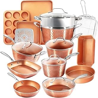 Gotham Steel Hammered Copper Collection – 20 Piece Premium Pots and Pans Set Nonstick Ceramic Cookware + Bakeware Set for Kitchen, Induction/Dishwasher/Oven Safe, Healthy and Non Toxic