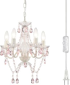 Alighting Plug in Chandeliers, 4-Light White & Pink Small Acrylic Crystal Hanging Ceiling Light with 20ft Cord, No Hardwire, White & Pink Chandeliers for Girls' Bedroom, Nursery or Playroom.