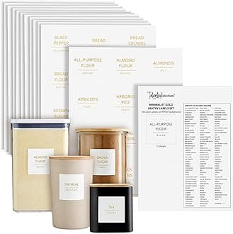 Talented KitchenLabels for Storage Bins & Food Containers - 2.5 x 2.5-Inch Matte White Vinyl Squares - Metallic Gold Text Peel & Stick - Water-Resistant for Jars & Pantry Organization
