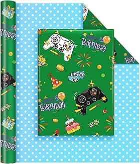 WERNNSAI Gaming Wrapping Paper Roll - 1 Roll Birthday Reversible Wrapping Paper Roll Video Game Wrapping Paper Kids Boys Happy Birthday Party Gift Wrap Green Wrapping Paper 17” x 33 ft
