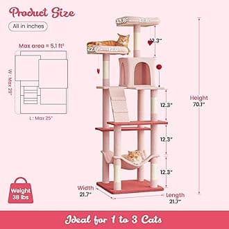 MWPO Cute Cat Tree, 70.1-Inch Tall Pink Cat Tower for Indoor Cats Large Adult, Multi-Level Cat Condo with 5 Scratching Posts, 2 Padded Perches, Hammock, Dangling Toys