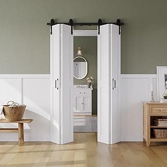 Bifold Barn Door 48" x 84", MDF Bi-Fold Sliding Closet Doors with Hardware Kit Included, Pre-Finished Easy Assembly, Water-Proof PVC Surface & Save Space, H-Frame, 56" Track for 4 Doors,White