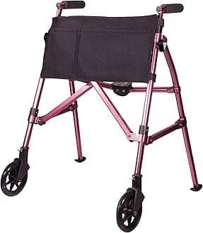 Stander Wonder Walker Plus Short, Junior Lightweight Folding Rolling-Walker for Adults, Seniors, Elderly, Petite Travel-Walker with Wheels, Glides, Pouch, Compact Standard-Walker, Regal Rose