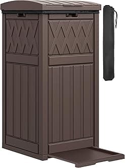 36-Gallon Outdoor Trash Can with Fabric Bag, Tiered Lid & Drip Tray, Waterproof Resin Garbage Bin for Patio, Deck, and Backyard, Dark Brown