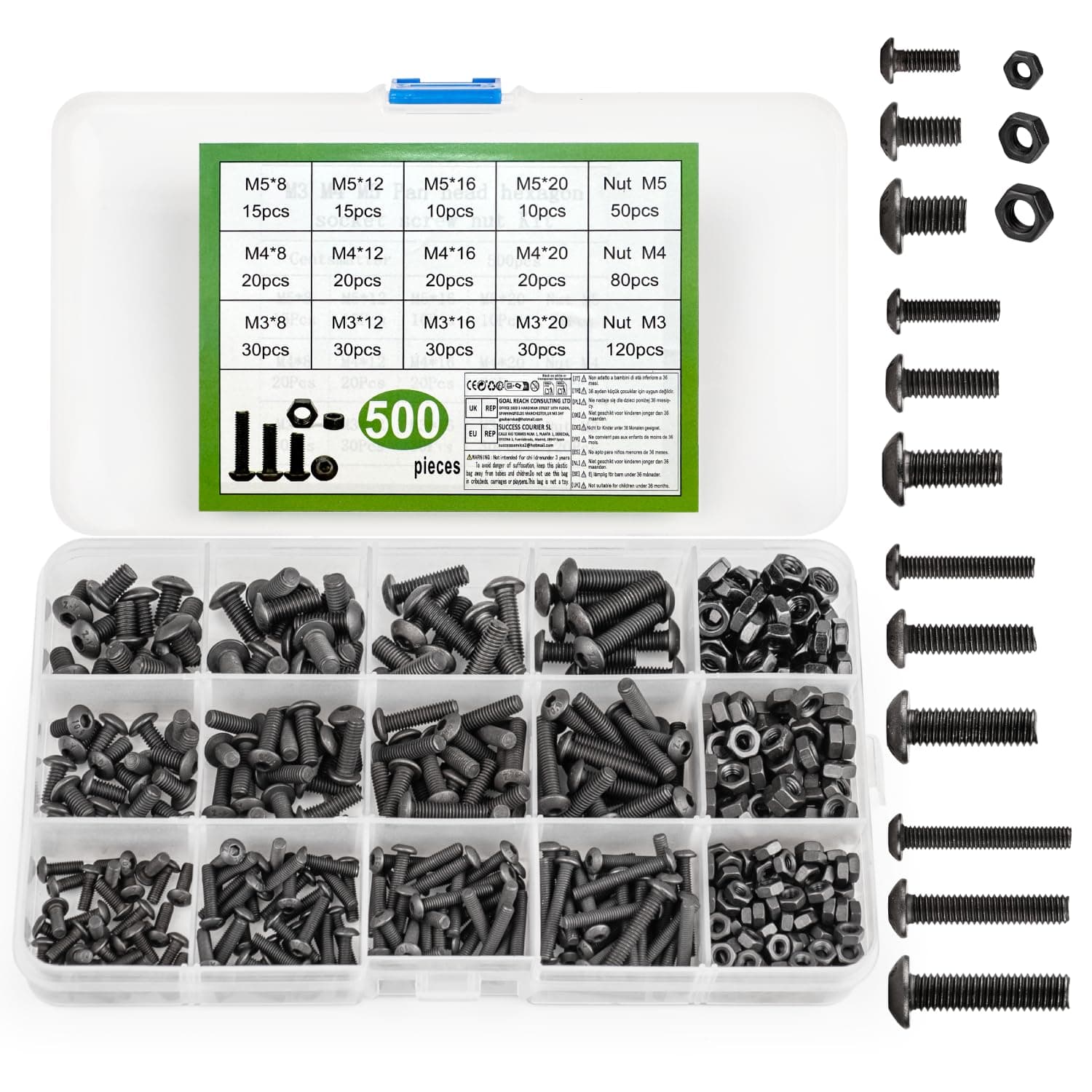 500 Pcs Nuts and Bolts Assorted Set, Black Hex Socket Head Cap Screws Bolts and Nuts Kit, M3/M4/M5 Thread Fastener Machine Hex Bolts and Nuts Assortment Kit with Box