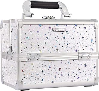 Joligrace Makeup Train Case Cosmetic Box Portable Makeup Case Organizer 2 Trays Makeup Storage with Mirror Locking for Cosmetologist Aesthetic Supplies Nail Kits Traveling Makeup Box Shining Star