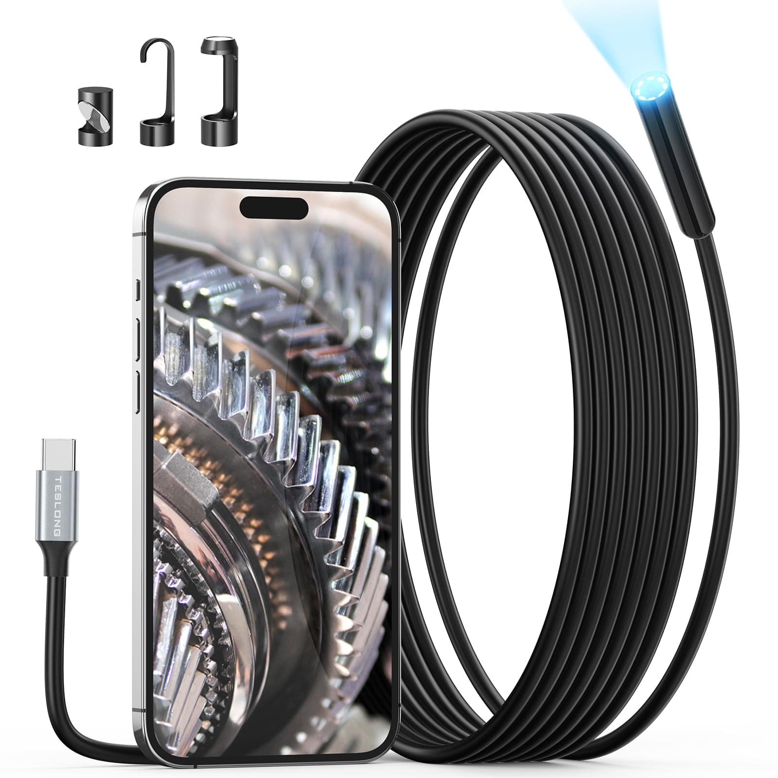 USB C Endoscope Camera with Light, Teslong Type-C Snake Borescope Camera with 8 LED Lights, 10FT Flexible Waterproof Inspection Cam, Fiber Optic Scope Compatible with iPhone 15/16/17, Android Phone