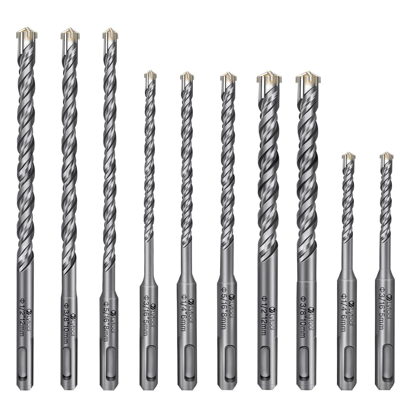 Lytool SDS Plus Drill Bits Set, 10Pcs Rotary Hammer Bits, Concrete Drill Bit Set,Carbide Bit Tipped for Masonry Ceramic Tile Block Brick Marble Stone, Impact Bit Set(3/16'',1/4'',5/16'',3/8",1/2")