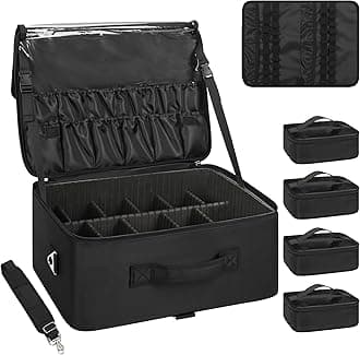 Relavel Extra Large Makeup Case Professional Cosmetic Storage Organizer Box Brush Holder With 4 Clear Set Bags & Lipstick Plate For Artists Shoulder Strap, Black, Large,