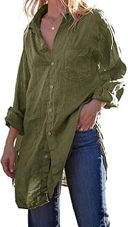 Womens Button Down Shirts Linen Cotton Long Sleeve Blouse Tunic Tops Cover Up Shirt Loose Beach Bikini Dress