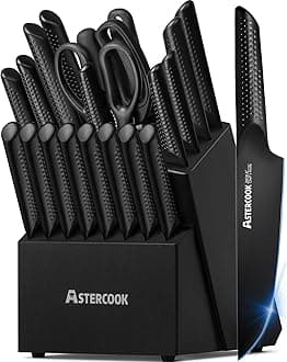 AstercookKnife Set, 21 Pieces Chef Knives Set with Block for Kitchen, German Stainless Steel Handle One-Piece Design Knife Block Sets, Dishwasher Safe, Black