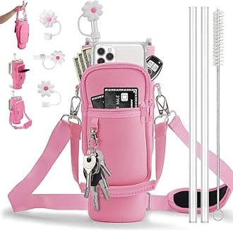 Water Bottle Carrier Bag with Phone Pocket for Stanley 40 oz Tumbler Neoprene Water Bottle Sling Sleeve Holder for Stanley Cup Accessories with 1 Straw Cover & 2 Straws & 1 Brushes