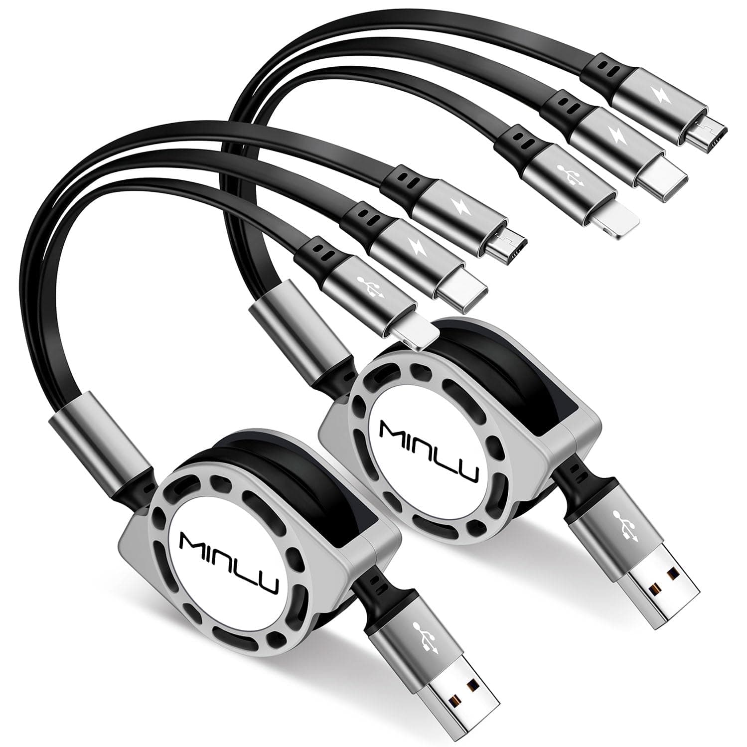 Minlu Multi Charging Cable 3A [2Pack 4ft] Retractable 3 in 1 Fast Charger Cord With IP/Type C/Micro USB Port for Cell Phones/Samsung Galaxy/PS/Tablets/More