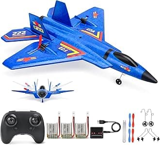 Remote Control Plane F-22 Raptor, 2.4GHz Durable Foam Rc Airplane with Smart Gyro/LED Lights/3 Rechargeable Batteries, RC Jet Glider Toy Gift for Kids Boys Girls 8-16 Year Old (Blue)