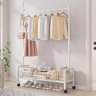 Lukzer | MGR-001 | White | Portable Metal Clothes Rack with Wheels, Single Rod & Bottom Shelf – Heavy-Duty Freestanding Closet Organizer for Bedroom, Laundry, Entryway & More | 173 x 90 x 35 cm