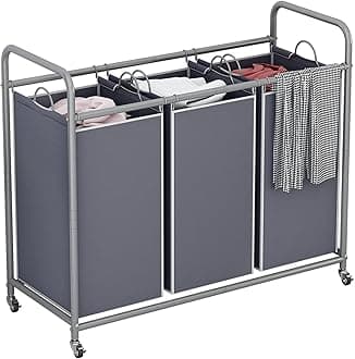 LINZINAR 3-Bag Laundry Sorter,Laundry Hamper Cart with Heavy Duty Rolling Lockable Wheels and Removable Bags (Grey)