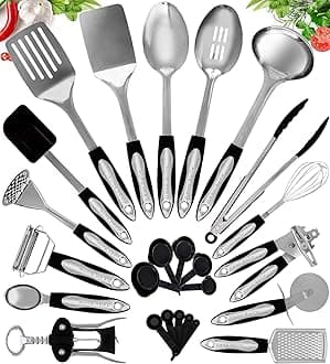 Stainless Steel Kitchen Utensils Set - Heat-Resistant Silicone & Nonstick Tools - Durable Stainless Steel Kitchen Gadgets - Complete Kit Measuring Cups & Spoons - 41-Piece Set