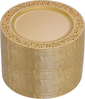 I00000 102PCS Brown Gold Dessert Plates 7.5”, Plastic Salad Plates with Lace Design, Gold Disposable Plates Ideal for Weddings, Appetizer and Any Occasions