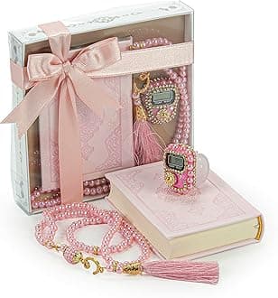 – İhvan Online Medina Calligraphy Quran Set with Islamic Finger Counter, Portable Digital Prayer Tasbeeh, Pearl Zikirmatic Beads, 3 Pieces Gift for Ramadan & Eid & Mawlid (Pink)