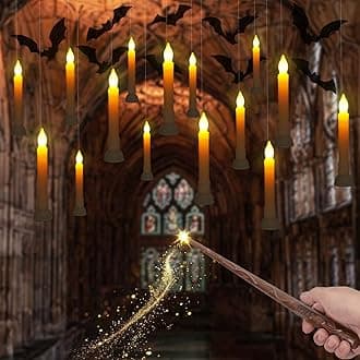 Homemory 12 Pcs Hanging Floating Candles with Wand Remote (Battery Include), Magic Deco Candles, Flameless Taper Candles Can be Used as Window Candles for Halloween Party Decor, Warm Yellow