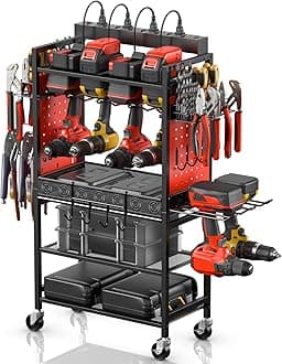 CCCEI Power Tool Organizer Cart with Charging Station, Garage Floor Rolling Storage Large Cart on Wheels for Mechanic, Mobile 6 Drill, Tool Box Utility Cart with Battery Charging Power Strip, Red.