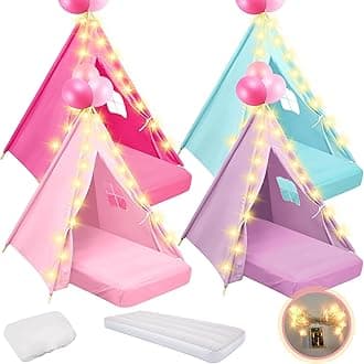 4 Pack Teepee Tent for Kids Slumber Party with Mattress,Fitted Sheet,Light String,Natural Cotton Washable Sleepover Tents for Girls Party Birthday Slumber Movie Night Supplies(Colorful)